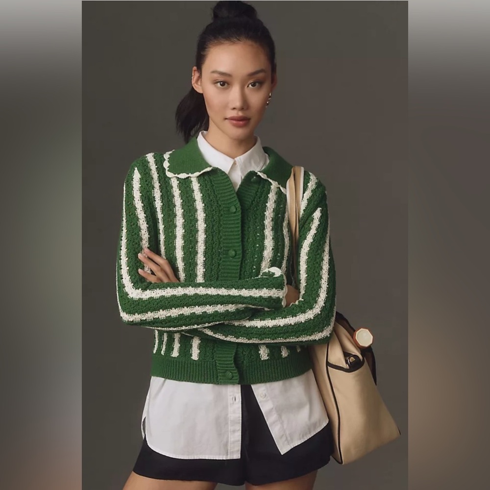 Collared Crochet Open-Stitch Cardigan Sweater Anthropologie